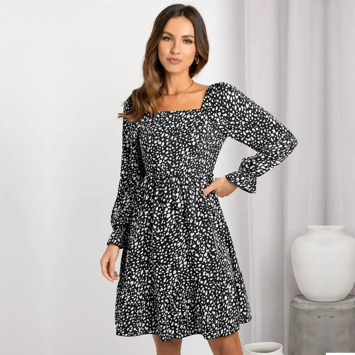All Over Print Square Neck Cinched Waist Dress