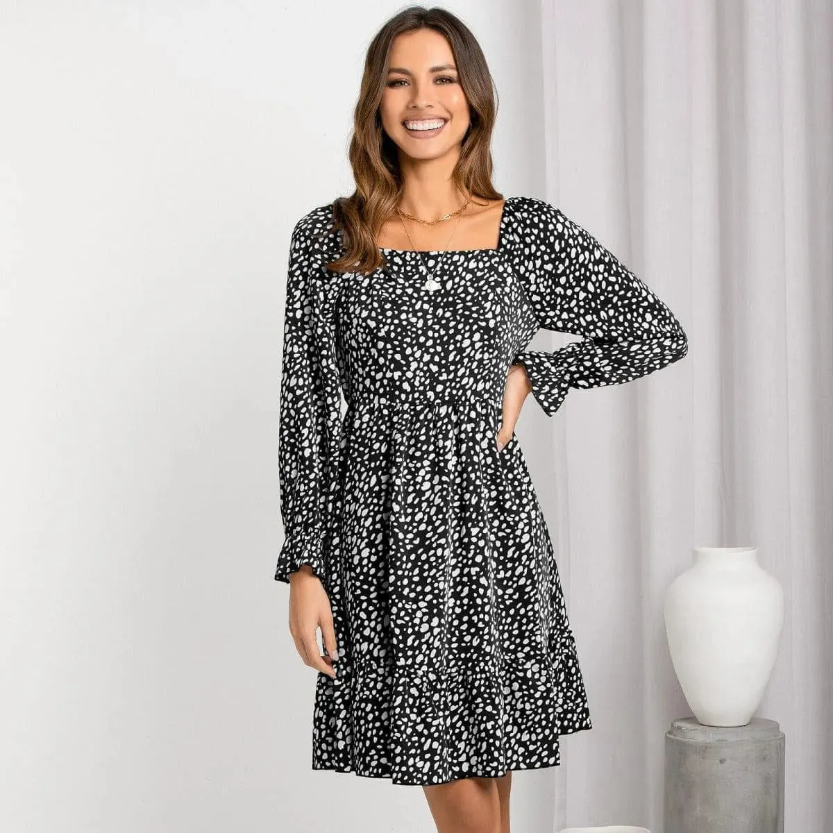 All Over Print Square Neck Cinched Waist Dress