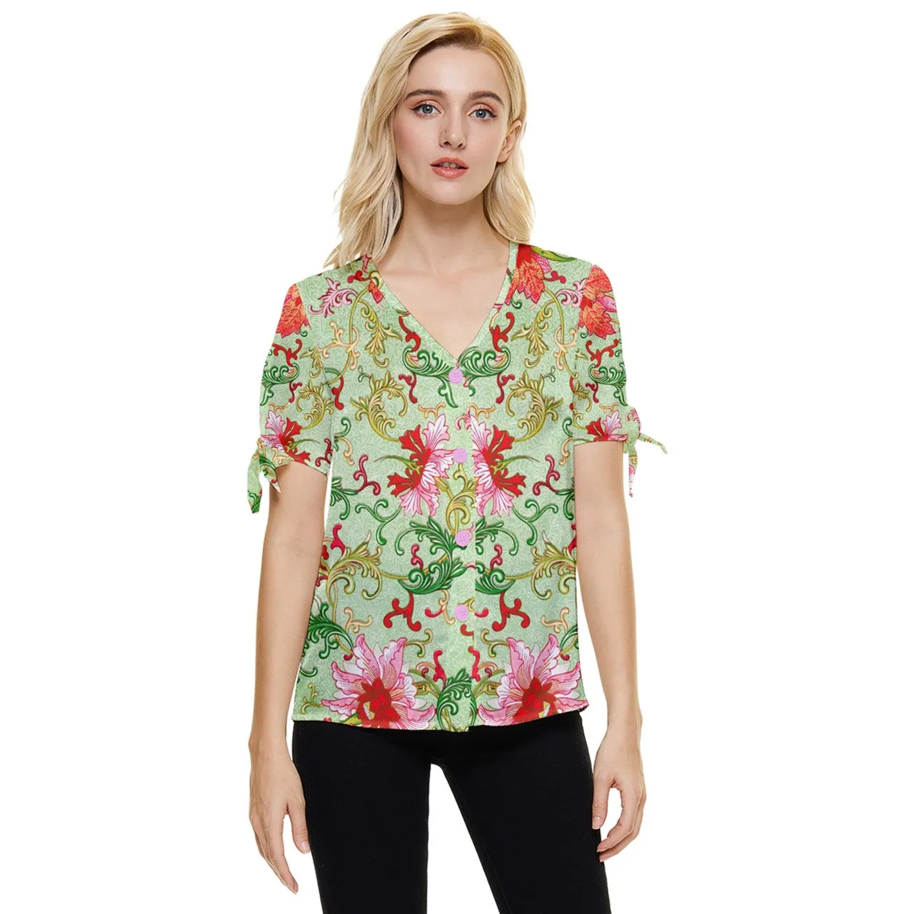 Art Nouveau Chinese floral Bow Sleeve Button Up Top