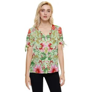 Art Nouveau Chinese floral Bow Sleeve Button Up Top
