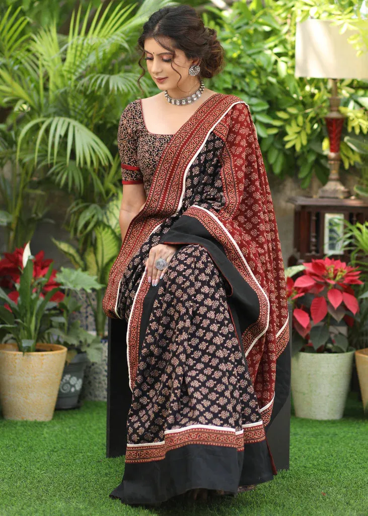 BLACK & MAROON AJRAKH COMBINATION COTTON SAREE WITH BLACK BORDER