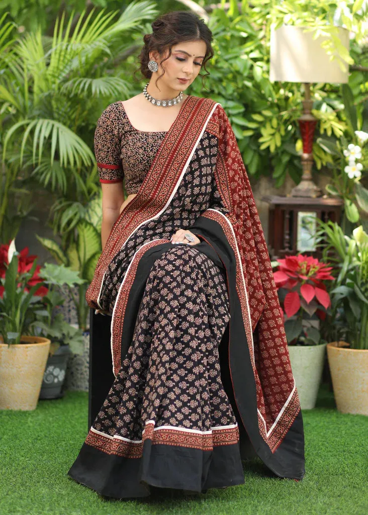 BLACK & MAROON AJRAKH COMBINATION COTTON SAREE WITH BLACK BORDER