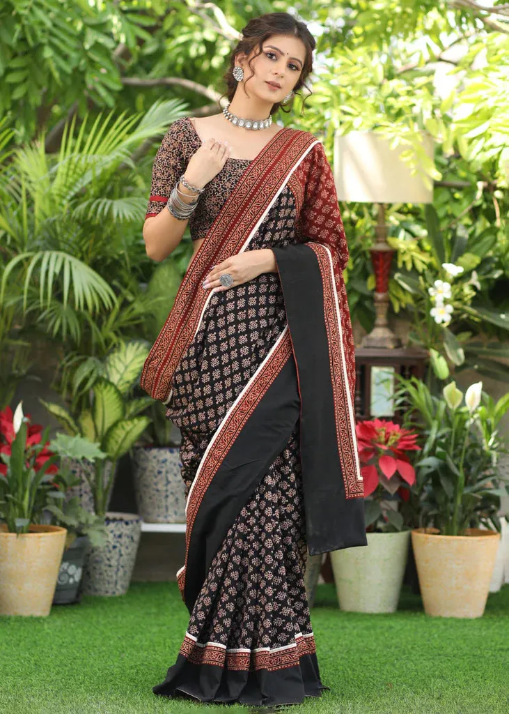 BLACK & MAROON AJRAKH COMBINATION COTTON SAREE WITH BLACK BORDER