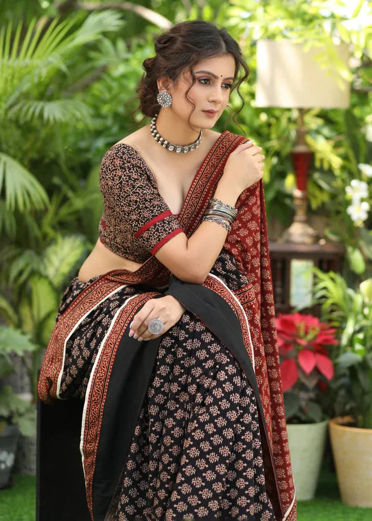 BLACK & MAROON AJRAKH COMBINATION COTTON SAREE WITH BLACK BORDER