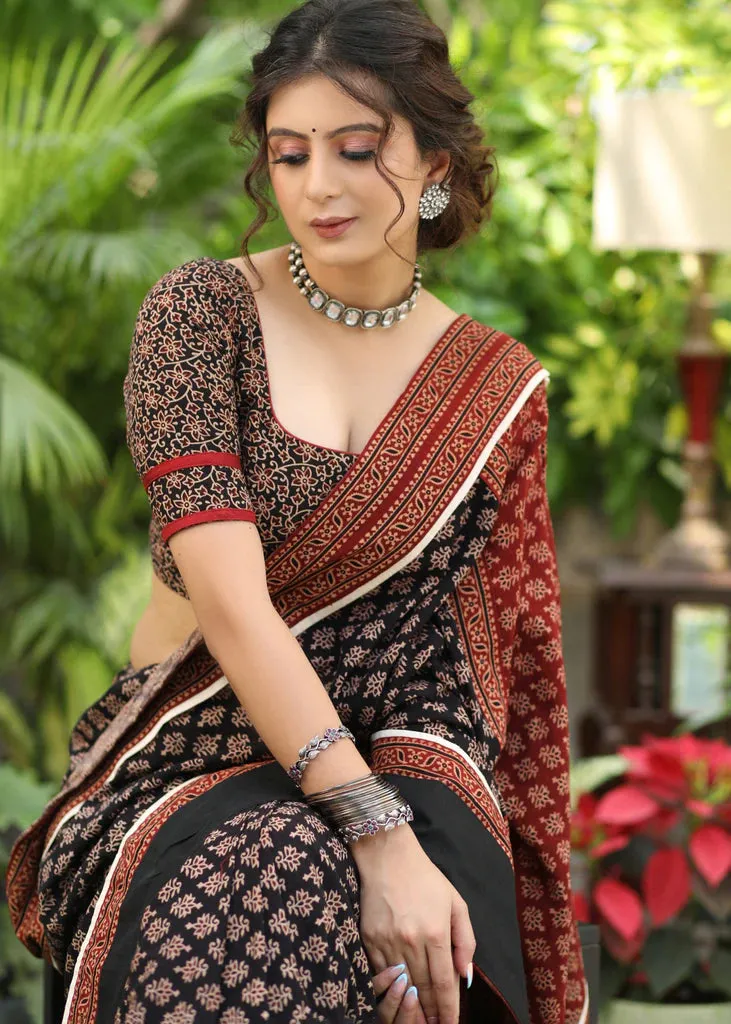 BLACK & MAROON AJRAKH COMBINATION COTTON SAREE WITH BLACK BORDER