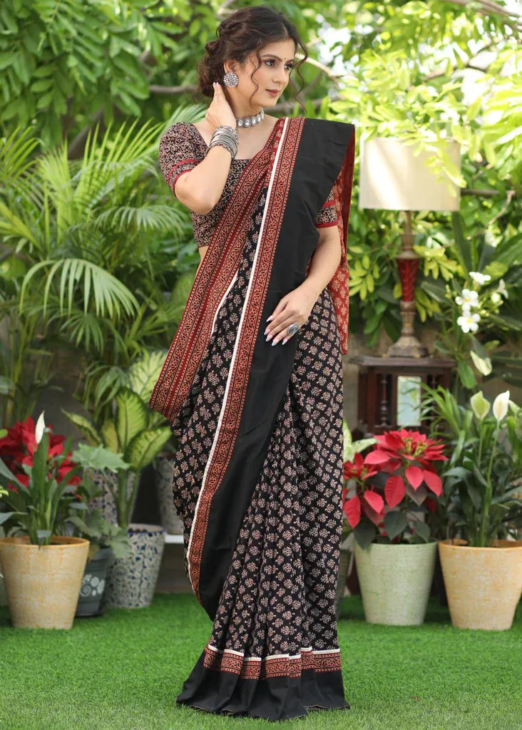 BLACK & MAROON AJRAKH COMBINATION COTTON SAREE WITH BLACK BORDER