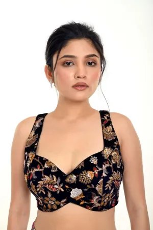 Black Velvet Sleeveless Embroidered Blouse with Sweetheart Neckline