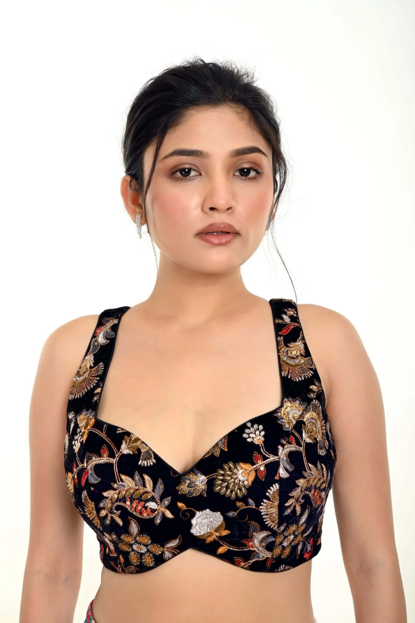 Black Velvet Sleeveless Embroidered Blouse with Sweetheart Neckline