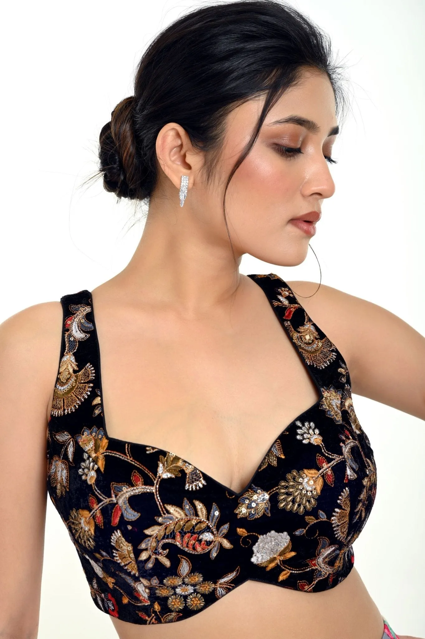 Black Velvet Sleeveless Embroidered Blouse with Sweetheart Neckline