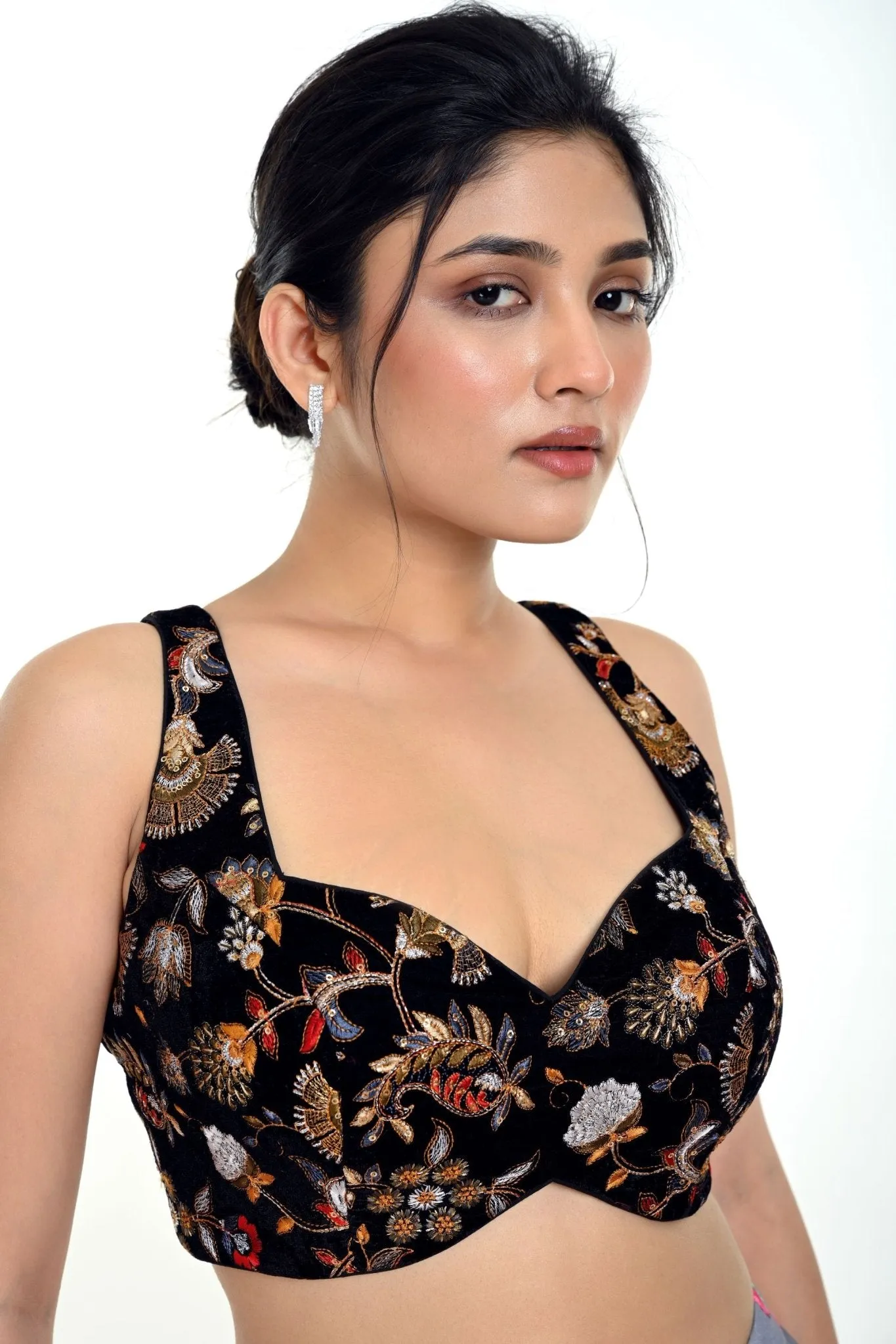 Black Velvet Sleeveless Embroidered Blouse with Sweetheart Neckline