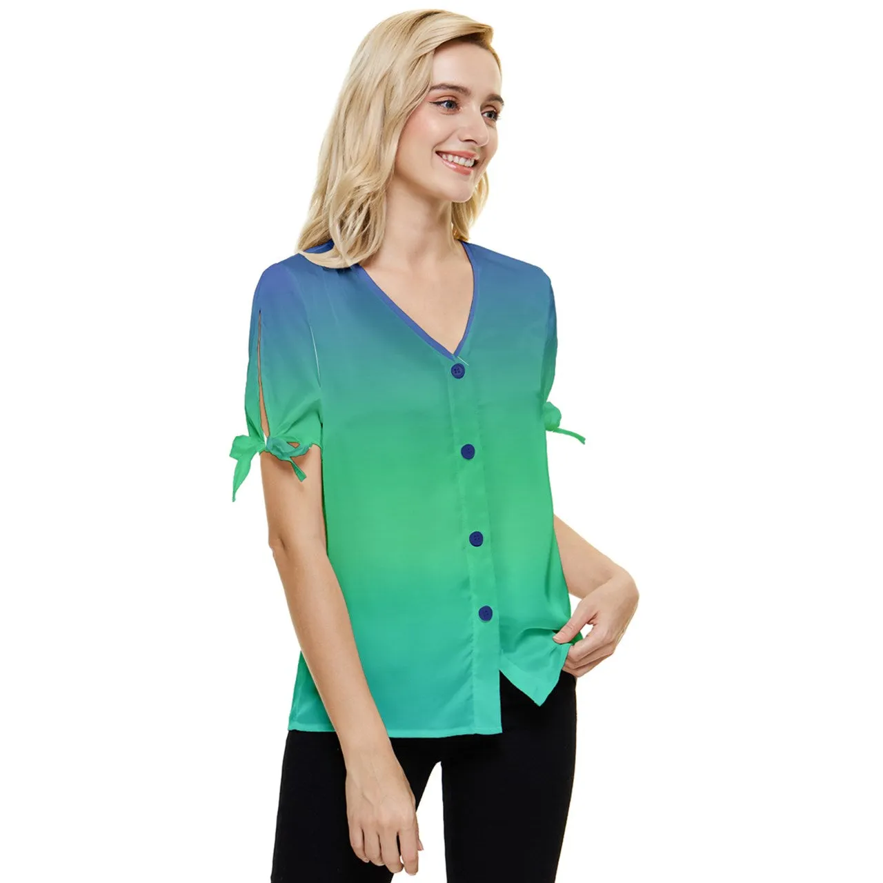 Blue Green Ombre Blouse Bow Sleeve Button Up Top