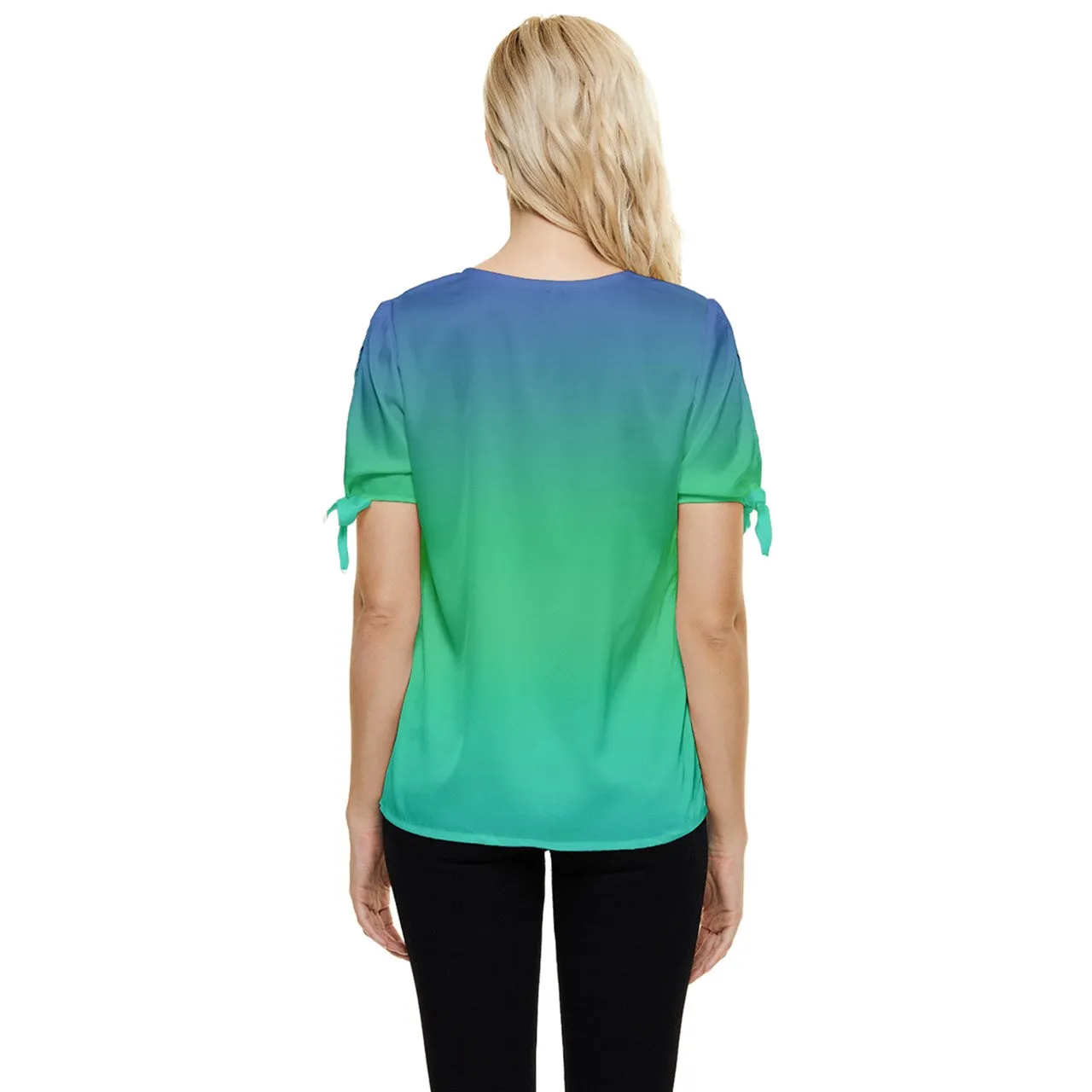 Blue Green Ombre Blouse Bow Sleeve Button Up Top