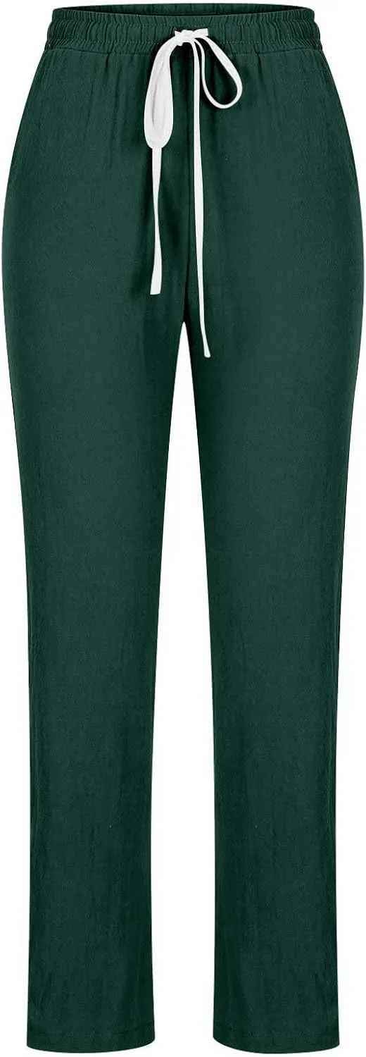 BZGTZT Cotton Linen Pants for Women Casual 2024 Summer Drawstring Elastic High Waist Pants Straight Wide Leg Trousers