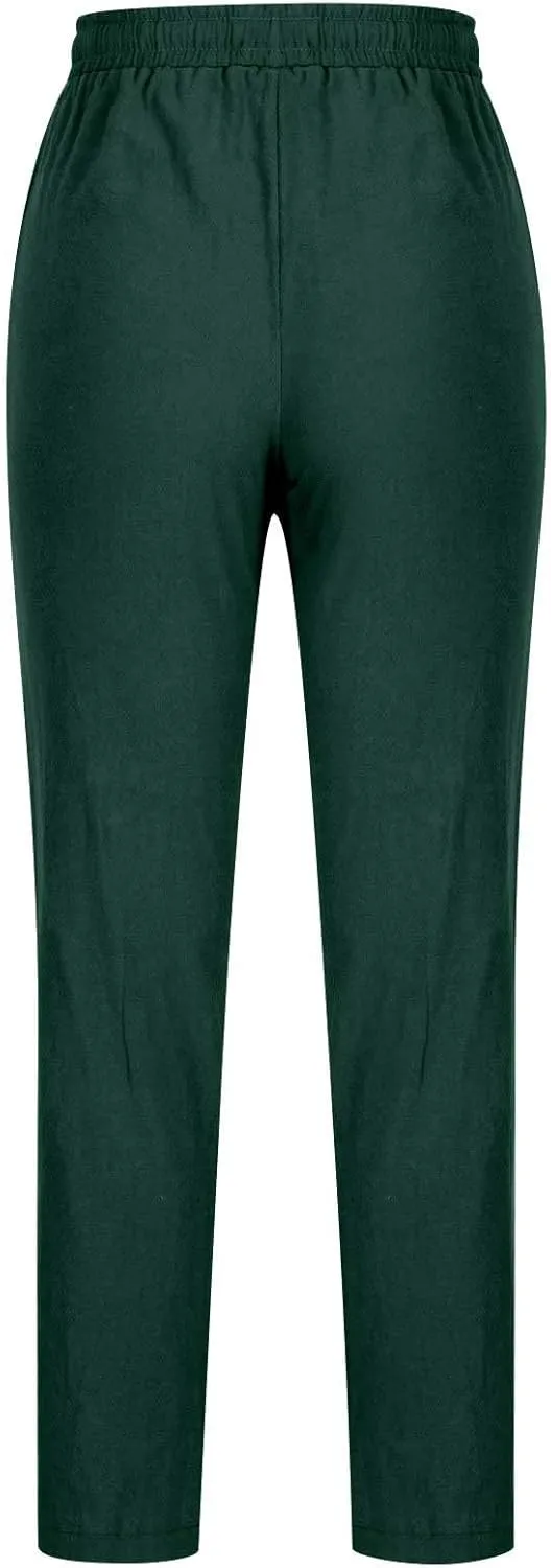 BZGTZT Cotton Linen Pants for Women Casual 2024 Summer Drawstring Elastic High Waist Pants Straight Wide Leg Trousers