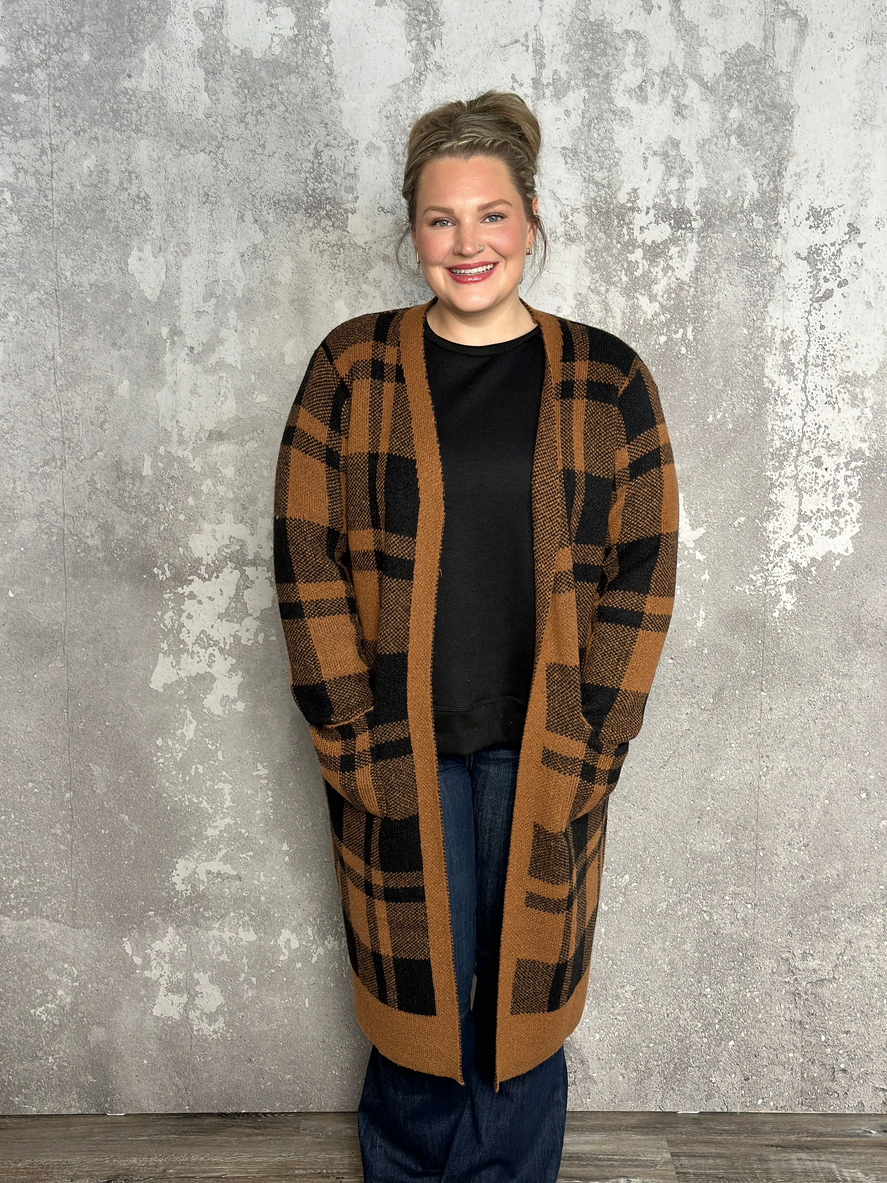 Camel Plaid Longline Cardigan (Small - 3X)