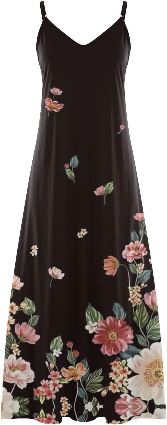 Casual Dresses for Women Boho Summer Sundress 2025 Spaghetti Strap V Neck Flowy Maxi Dresses Flower Print Dress