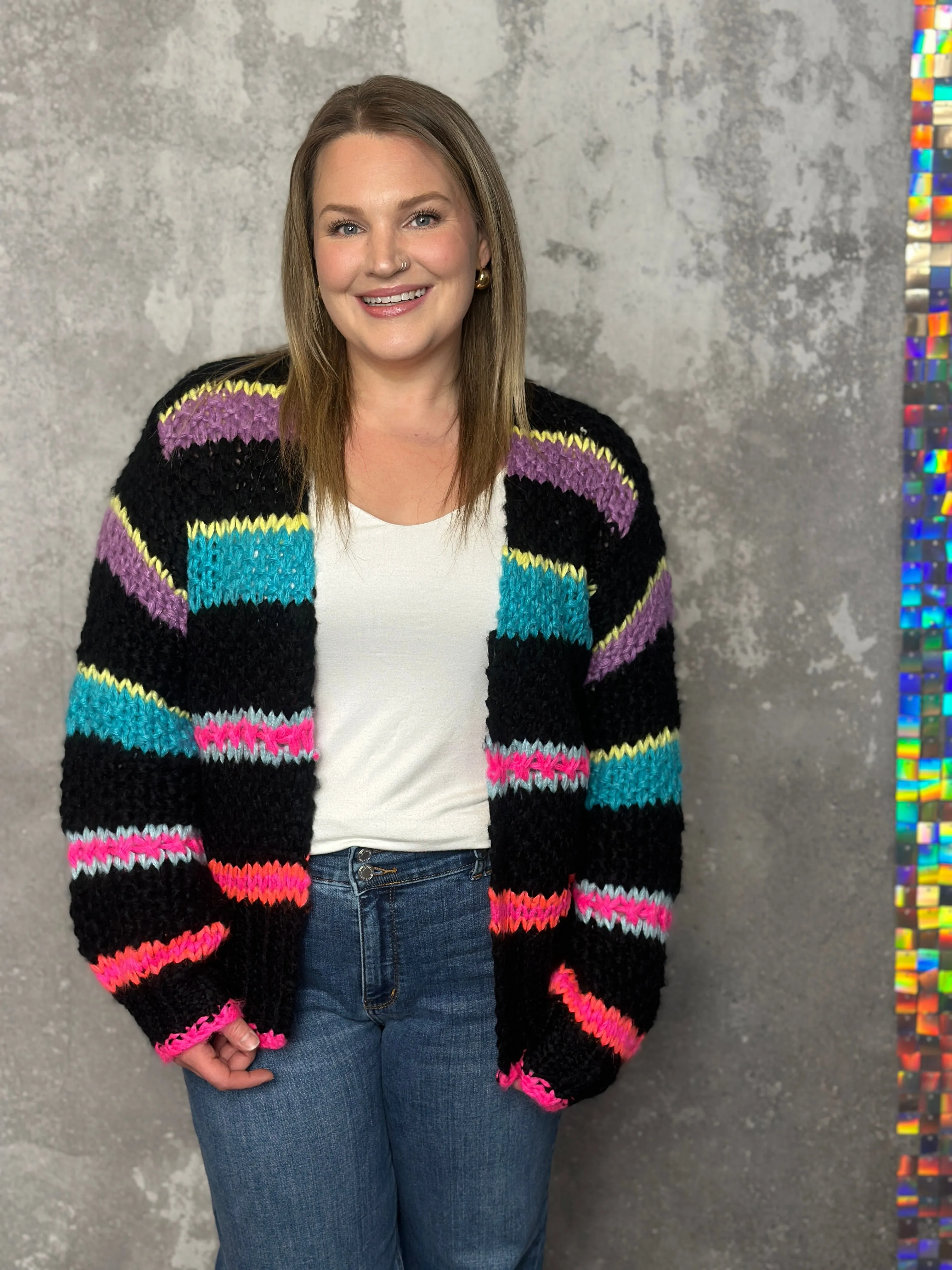 Chunky Knit Bright Stripe Cardigan