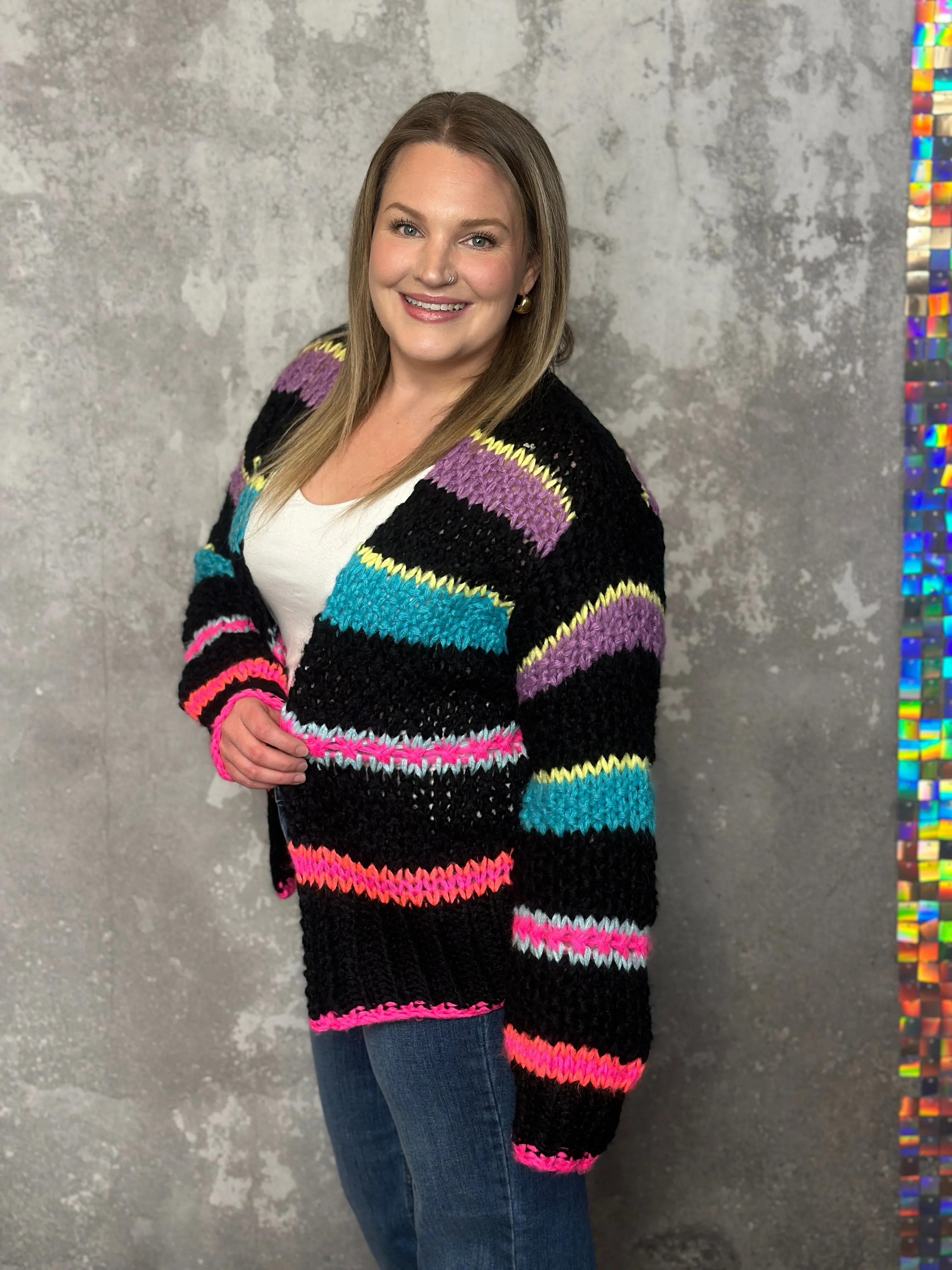 Chunky Knit Bright Stripe Cardigan