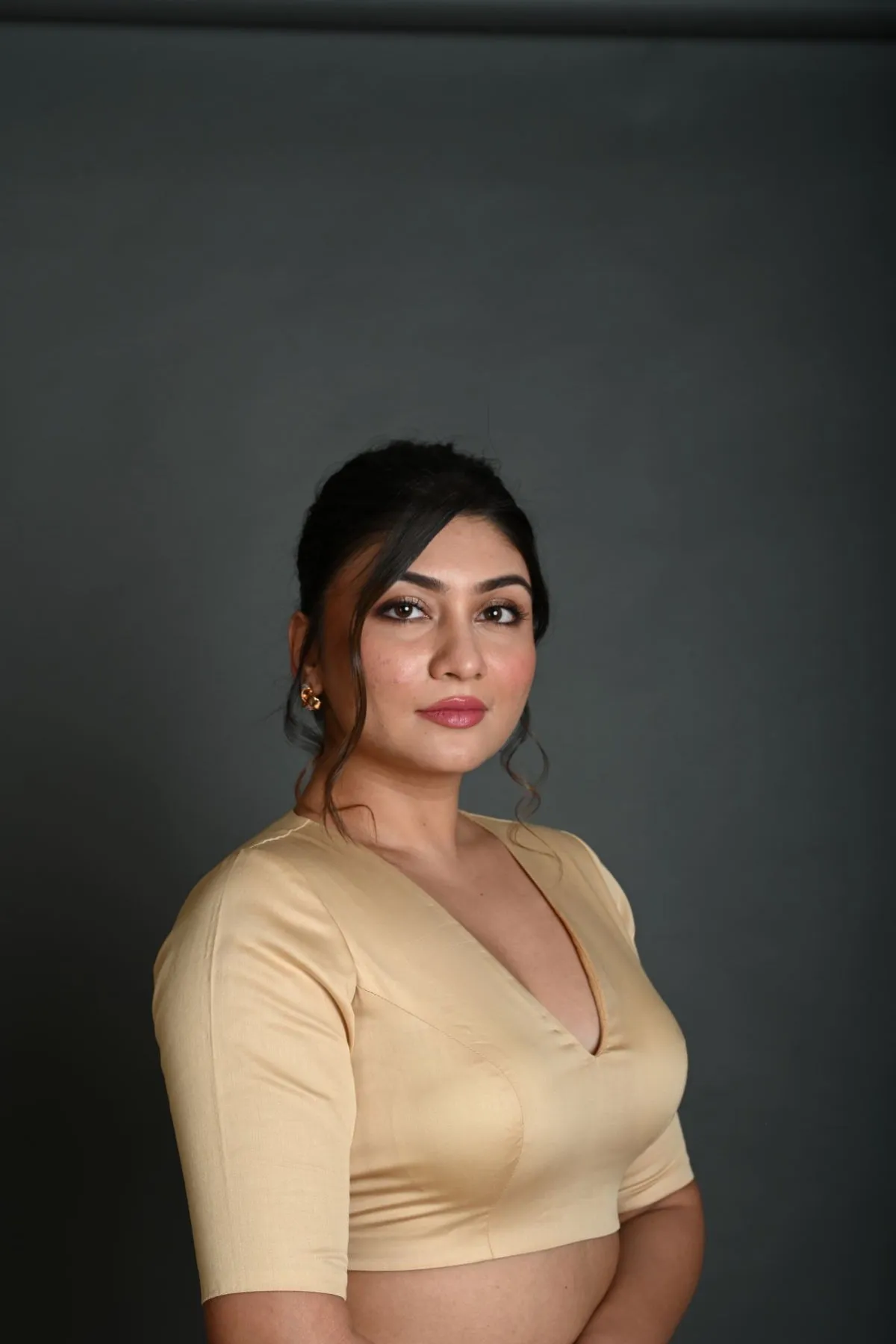 Cream V Neck Blouse in Cotton with Half Sleeves with Back Cutout