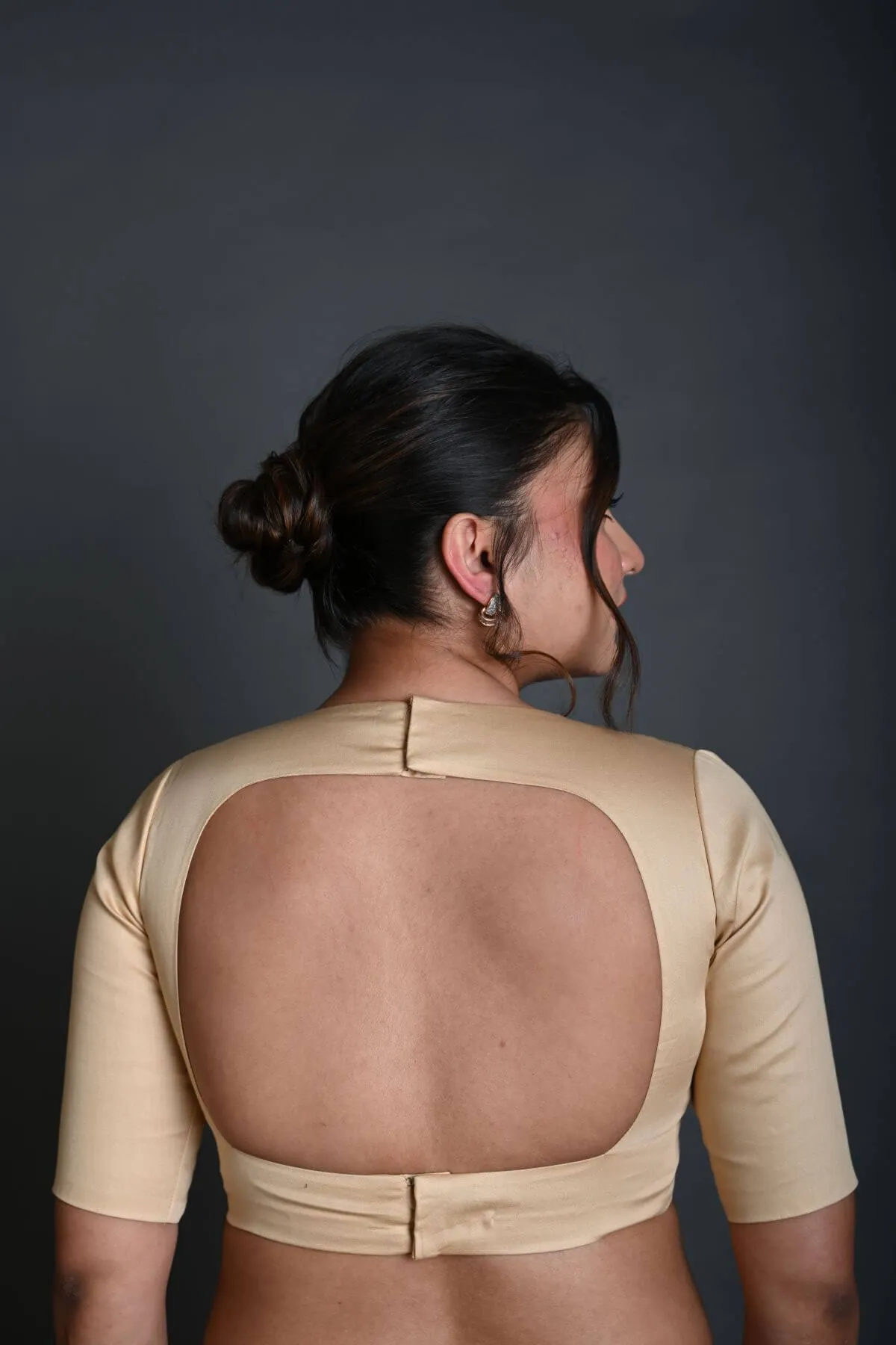 Cream V Neck Blouse in Cotton with Half Sleeves with Back Cutout