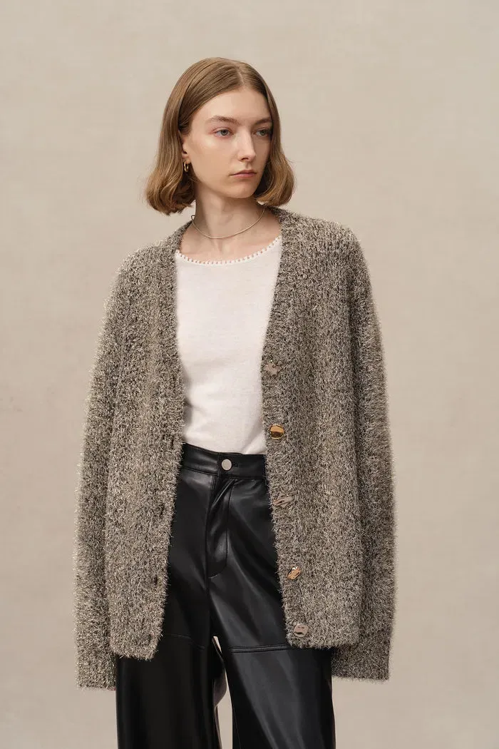 Eva Metallic Thread Cardigan in Wool-Cashmere Blend Knit
