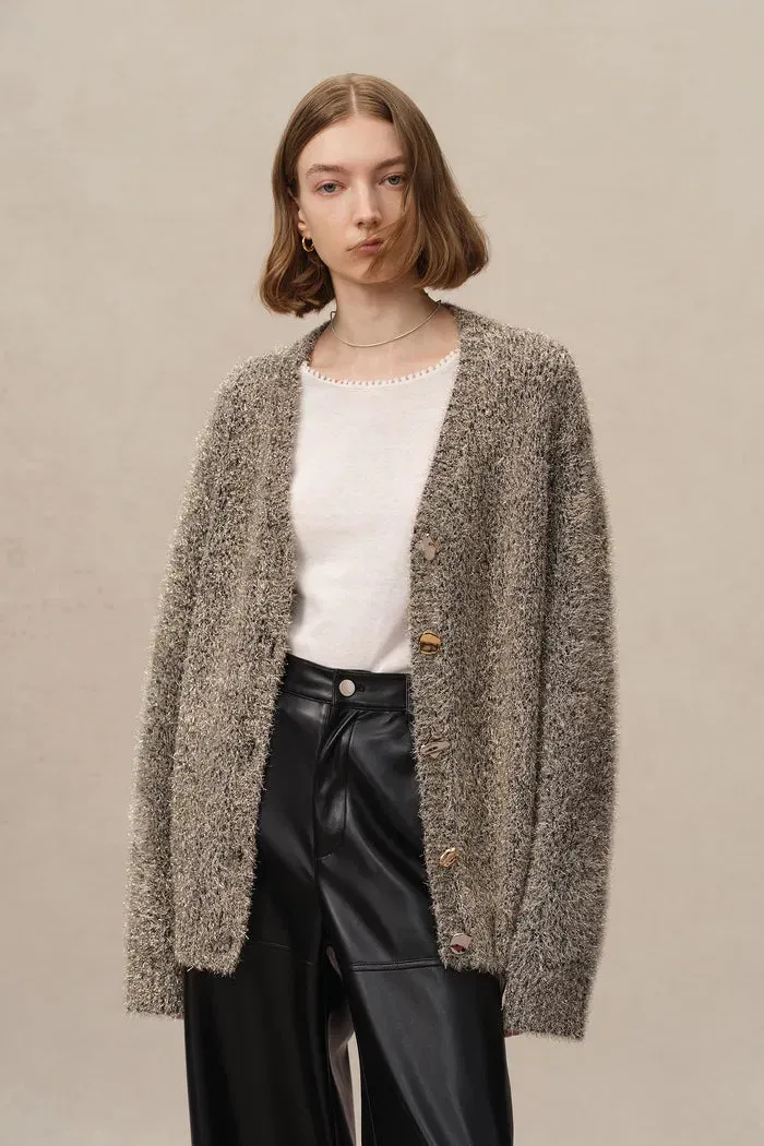 Eva Metallic Thread Cardigan in Wool-Cashmere Blend Knit