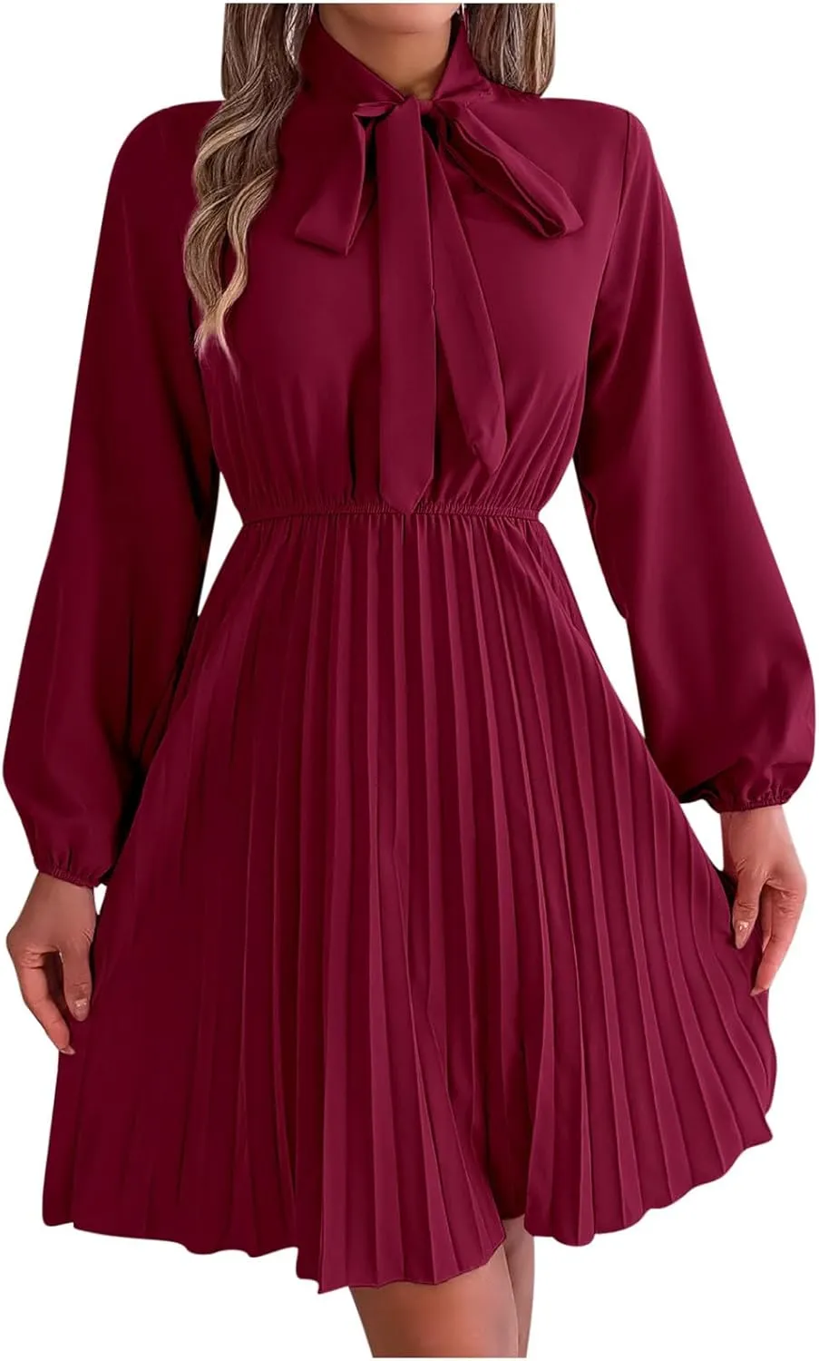 Fall Flowy Dresses for Women Elegant Bow tie Pleated Mini Dresses Empire Waist Long Sleeve Casual Shift Dresses