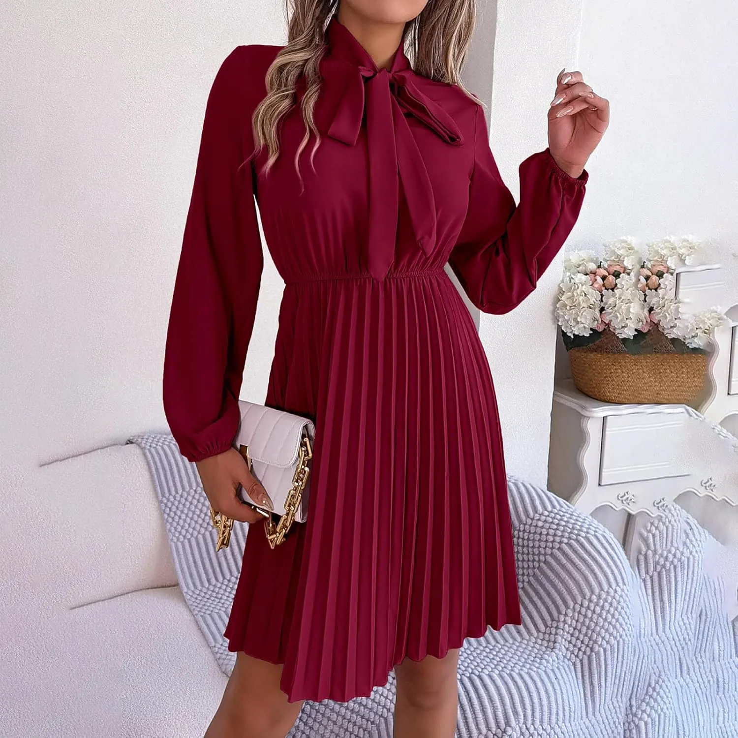 Fall Flowy Dresses for Women Elegant Bow tie Pleated Mini Dresses Empire Waist Long Sleeve Casual Shift Dresses
