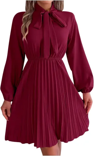 Fall Flowy Dresses for Women Elegant Bow tie Pleated Mini Dresses Empire Waist Long Sleeve Casual Shift Dresses