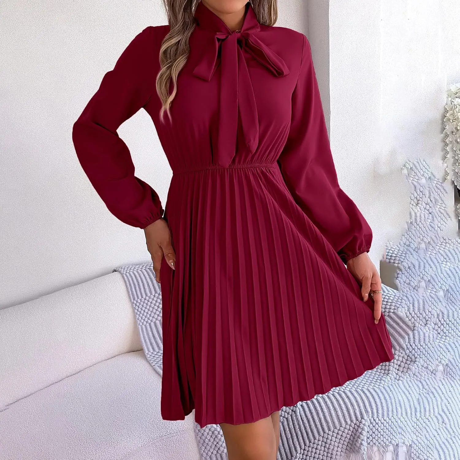 Fall Flowy Dresses for Women Elegant Bow tie Pleated Mini Dresses Empire Waist Long Sleeve Casual Shift Dresses