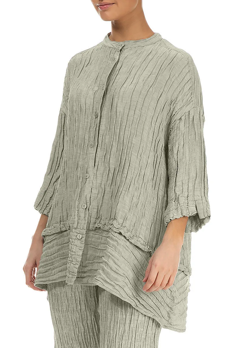 Flared Crinkled Laurel Green Silk Shirt