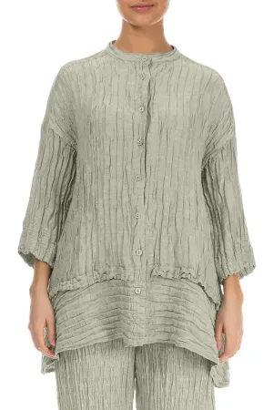 Flared Crinkled Laurel Green Silk Shirt