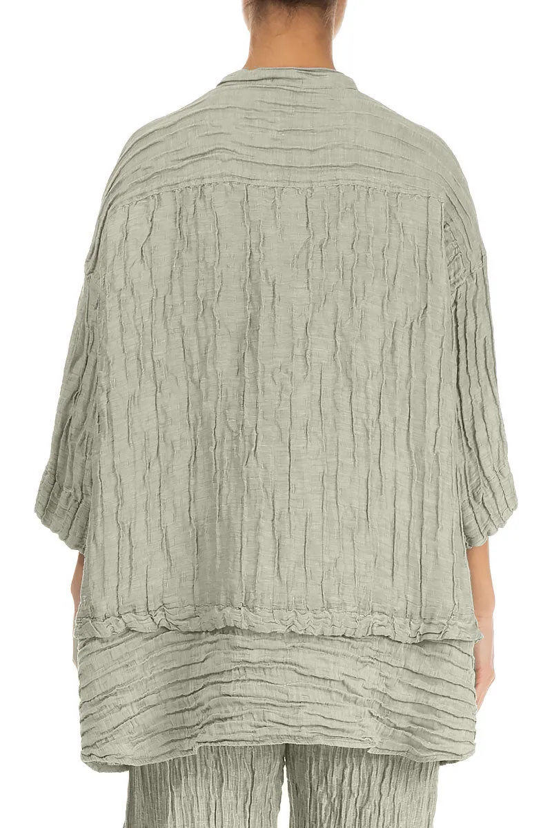 Flared Crinkled Laurel Green Silk Shirt