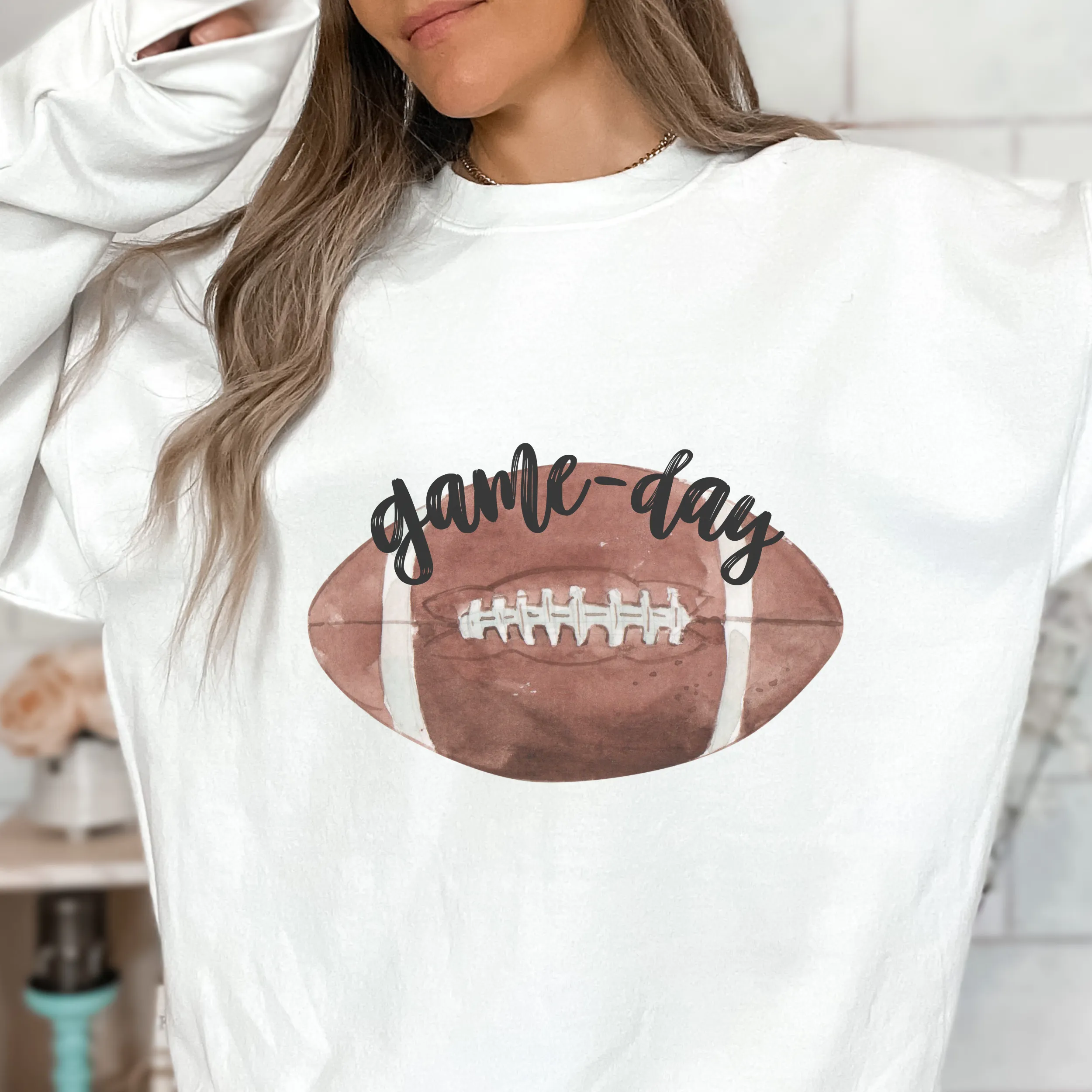Game Day Crewneck Sweatshirt Women's Watercolor Football Warm Cozy Gildan® White, Ash, or Sand Football Pullover