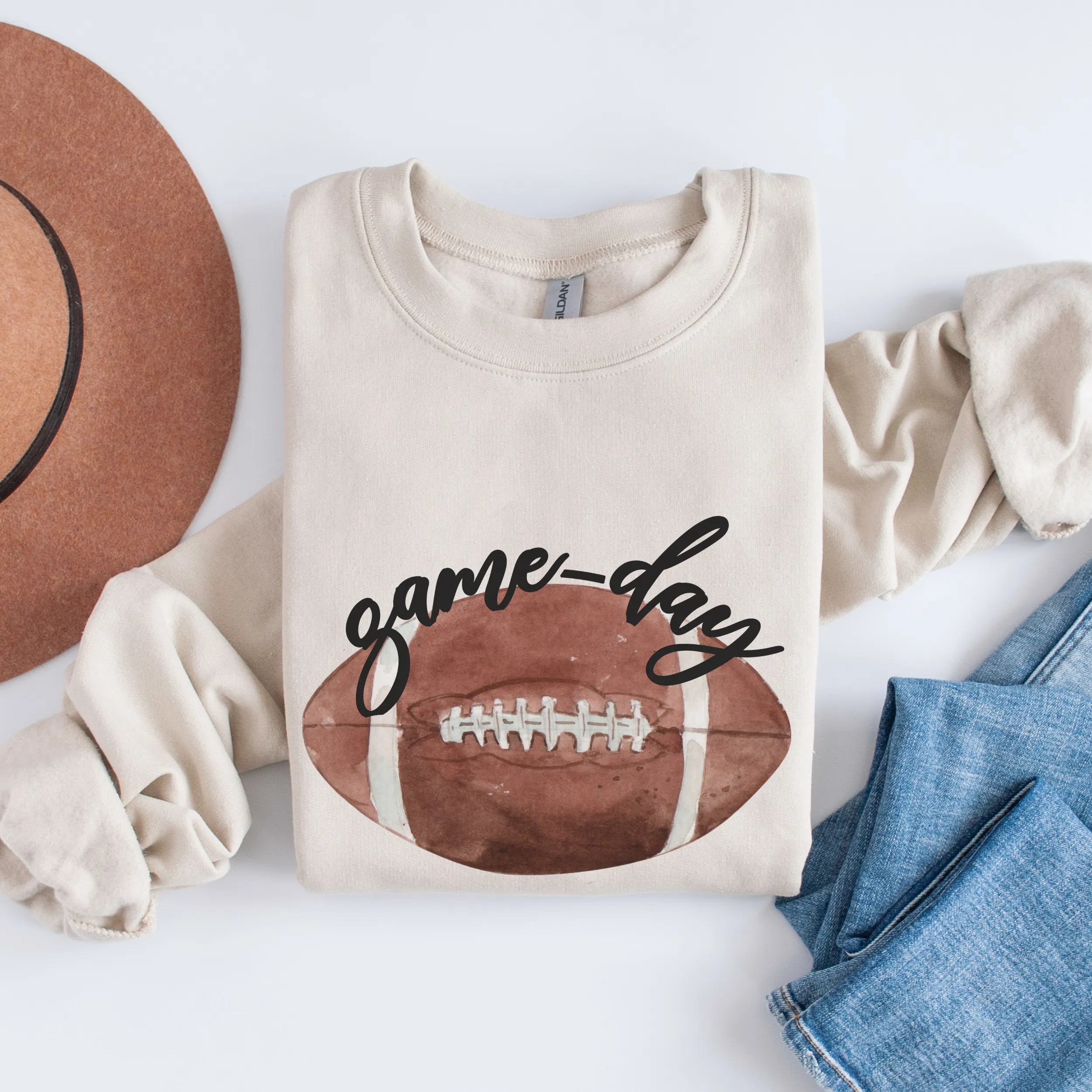 Game Day Crewneck Sweatshirt Women's Watercolor Football Warm Cozy Gildan® White, Ash, or Sand Football Pullover