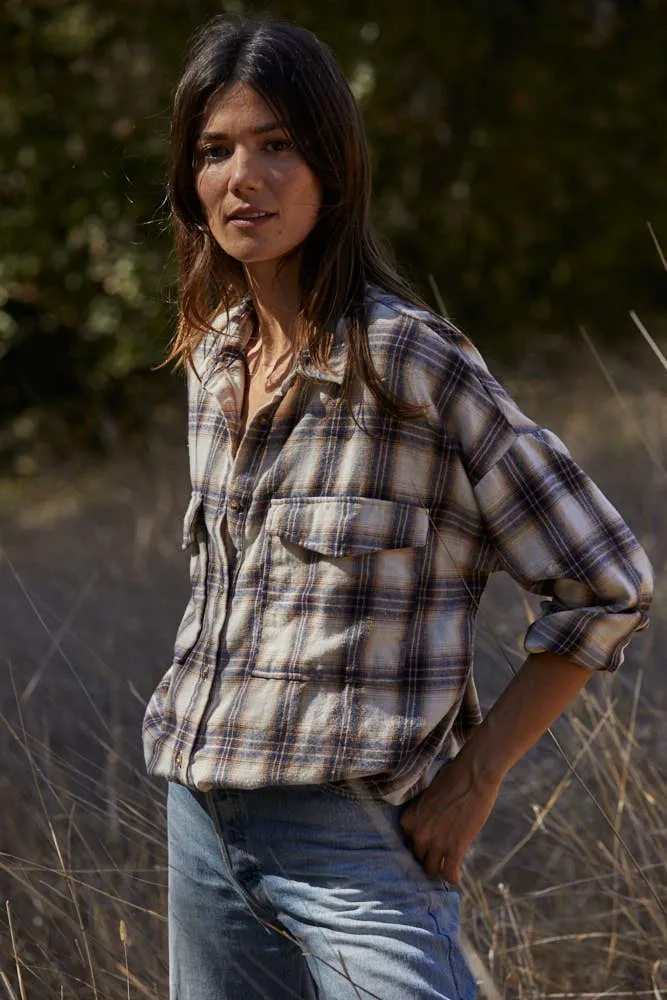 Hannah Oversized Flannel Top in Ivory/Blue/Salmon | Final Sale
