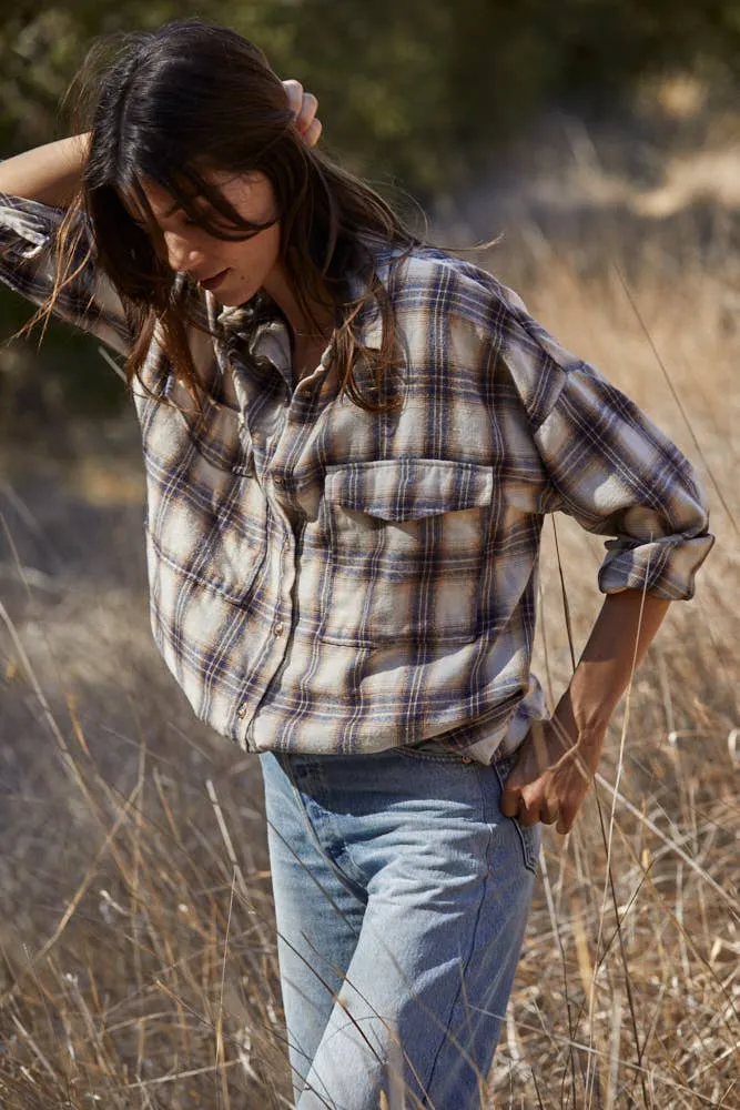 Hannah Oversized Flannel Top in Ivory/Blue/Salmon | Final Sale