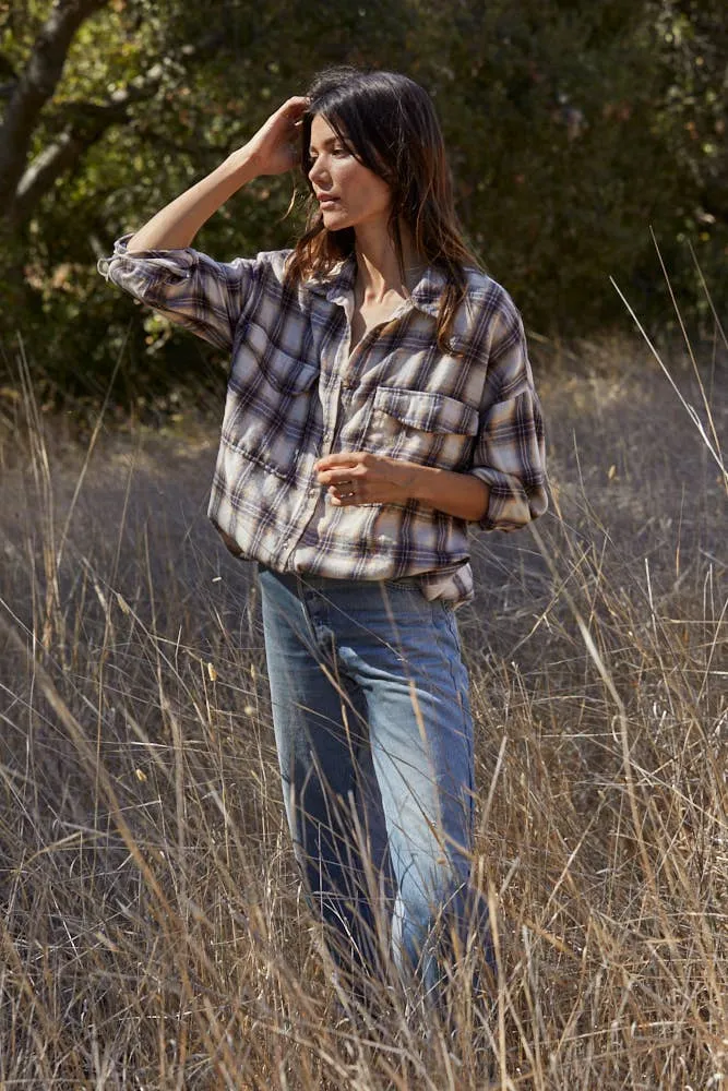 Hannah Oversized Flannel Top in Ivory/Blue/Salmon | Final Sale