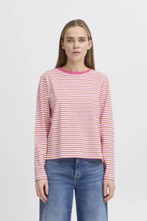 Ichi Mira multi stripe LS t shirt Cloud dancer Pink Fiesta