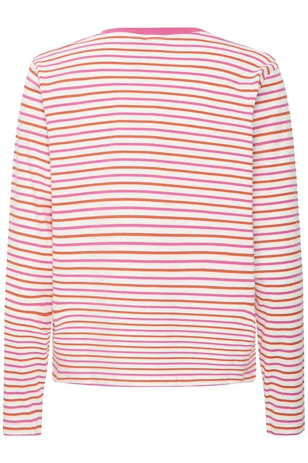 Ichi Mira multi stripe LS t shirt Cloud dancer Pink Fiesta
