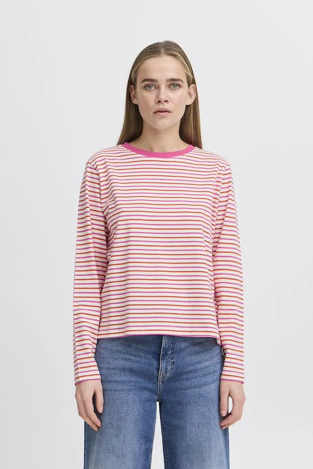 Ichi Mira multi stripe LS t shirt Cloud dancer Pink Fiesta
