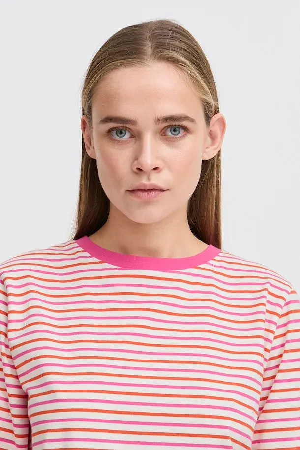 Ichi Mira multi stripe LS t shirt Cloud dancer Pink Fiesta