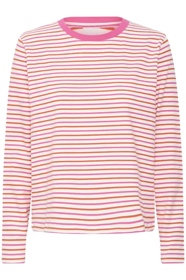 Ichi Mira multi stripe LS t shirt Cloud dancer Pink Fiesta