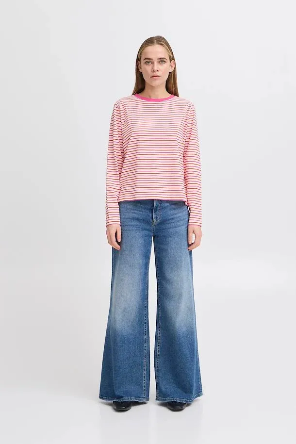Ichi Mira multi stripe LS t shirt Cloud dancer Pink Fiesta