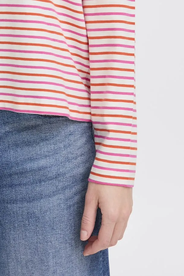 Ichi Mira multi stripe LS t shirt Cloud dancer Pink Fiesta