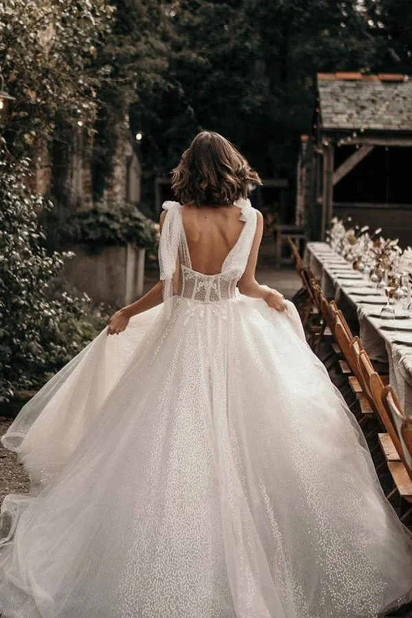 Ivory Tulle Lace A-line Sweetheart Wedding Dresses With Sweep Train, SW533