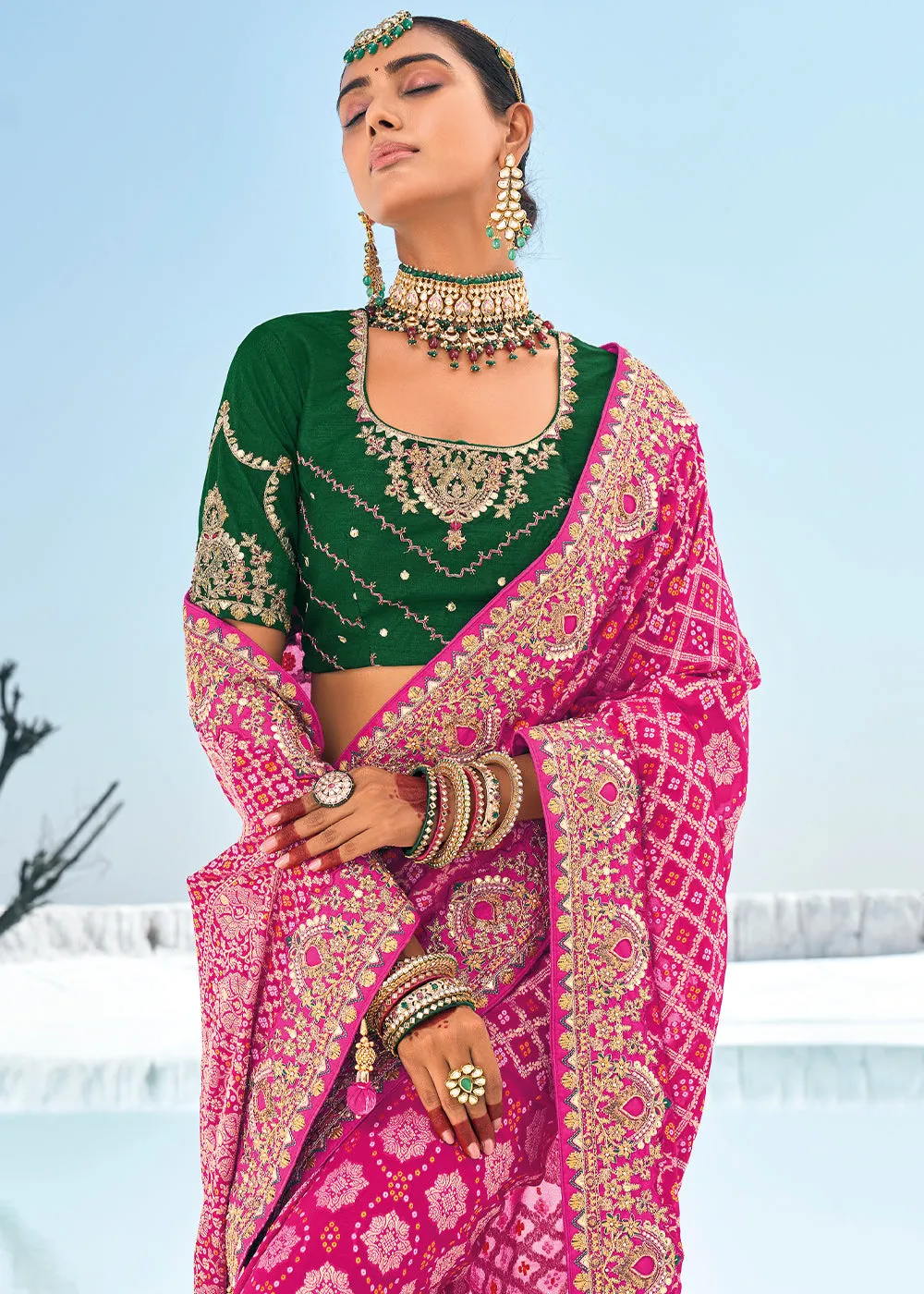 Magenta Pink Georgette Silk Saree Featuring Zari Weave, Bandhani, and Patola Design