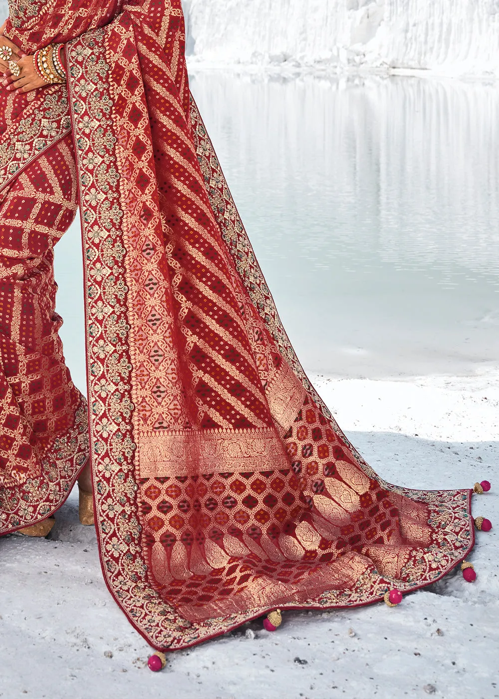 Maroon Red Georgette Silk Saree Featuring Zari Weave, Bandhani, and Patola Design