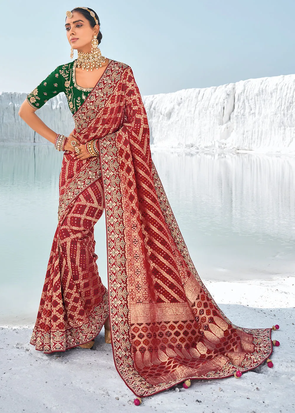 Maroon Red Georgette Silk Saree Featuring Zari Weave, Bandhani, and Patola Design