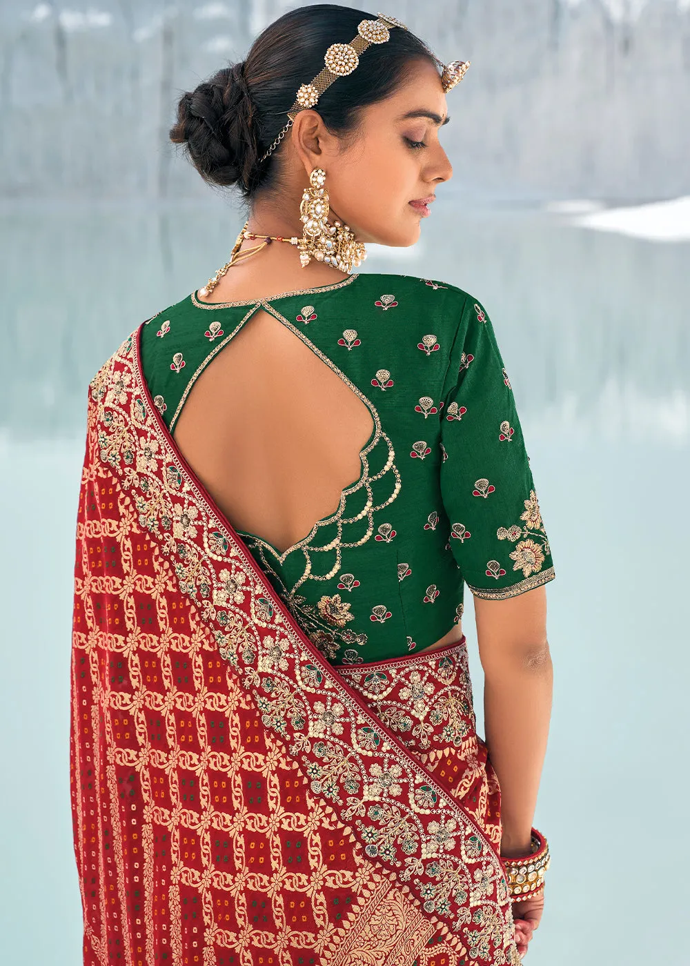 Maroon Red Georgette Silk Saree Featuring Zari Weave, Bandhani, and Patola Design